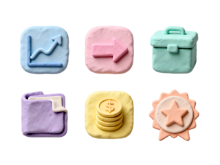Playful Business Icons: Charming clay-crafted icons representing business concepts, including growth, direction, and success. A creative, fun perspective on business tools and goals.