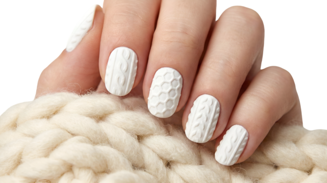 Close-up of a female hand showcasing a stylish white textured manicure with cable knit and honeycomb patterns ideal for winter beauty and fashion - Powered by Adobe
