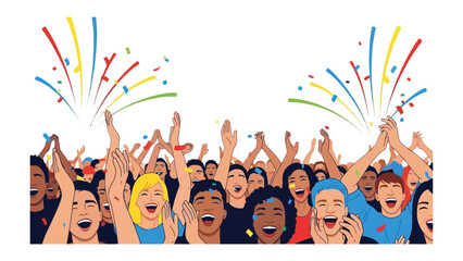 Celebrating Collective Joy: A lively and diverse crowd erupts in joyous celebration, their hands raised amidst a cascade of colorful confetti. conveying the collective exhilaration.