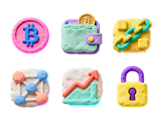 Clay Bitcoin Icons: A colorful collection of handcrafted clay icons representing key elements of cryptocurrency and blockchain technology, including a bitcoin, wallet, and a chain. 