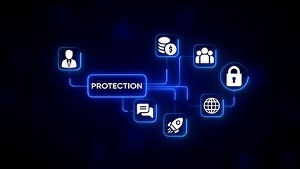 Digital network illustration with PROTECTION in a central glowing blue box and interconnected icons on a dark backdrop