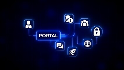 Digital Portal Network with Connected Business Icons and Glowing Blue Neon Lines on Dark Background connection