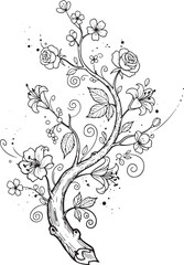 Ornate Flowering Tree Branch Botanical Line Art