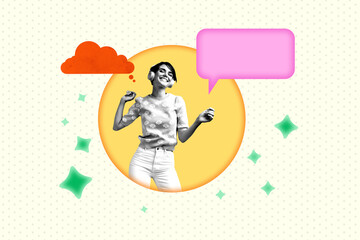 Full poster art trend banner collage of happy girl listen music headphones bubble communication chatterbox dialogue meloman