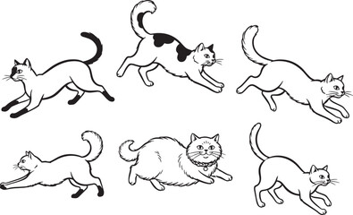 Set of Running and Pouncing Domestic Cats Line Art