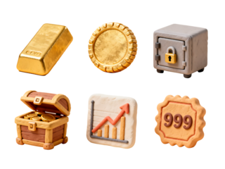 Financial Fortitude: An assortment of handcrafted financial symbols, including a gold bar, coin, safe, treasure chest, growth chart, and gold hallmark, represent wealth, investment.