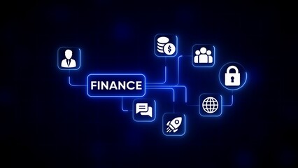 Finance network diagram with icons and glowing blue lines