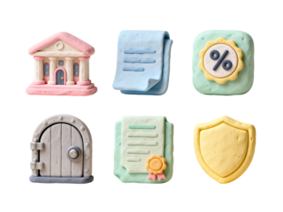 Financial clay icons set: A close-up shot presents a diverse array of financial icons, each meticulously crafted from vibrant clay. From the solidity of a building to the security a shield provides.