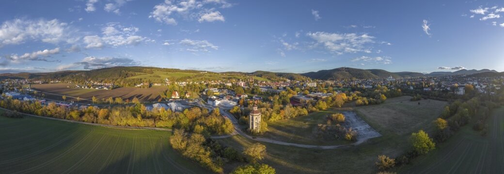 Aerial view of the water tower and villages of Pottenstein and Berndorf, Lower Austria, Austria