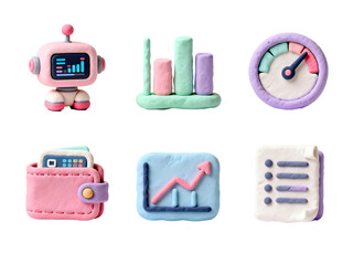 Data visualization & Analytics: A vibrant array of handmade clay figures represent key concepts in data visualization and analytics, symbolizing digital transformation, business growth.