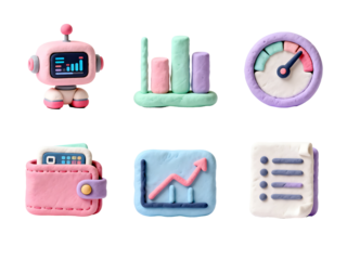 Data visualization & Analytics: A vibrant array of handmade clay figures represent key concepts in data visualization and analytics, symbolizing digital transformation, business growth.