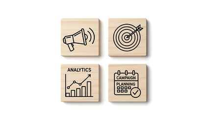 Four wooden blocks displaying marketing strategy icons for promotion targeting analytics and campaign planning concepts isolated on white background