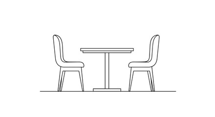 Obraz premium Minimalist line art illustration of an empty table and two chairs, set for dining or a cafe experience, on a clean white background.