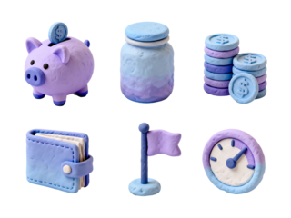 Financial Elements: A charming collection of handcrafted financial symbols, capturing the essence of saving, investment, and time management. 