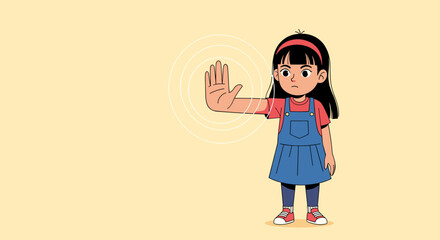 A determined young girl stands with her hand raised in a stop gesture, asserting her personal boundaries and indicating refusal.