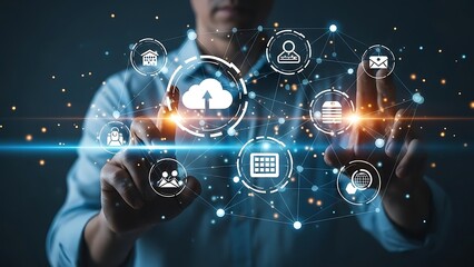 Businessman interacting with a futuristic digital interface showcasing cloud computing data storage and global network connectivity icons in a dark environment