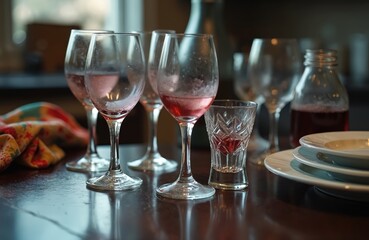 Obraz premium Party aftermath with used wine glasses and shot glass on table. Wine residue in glasses, some liquid in bottle, stacked plates hint at meal end. Evening setting, domestic scene.