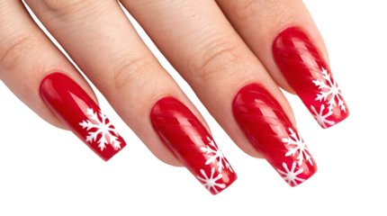 Female hand with elegant red Christmas manicure featuring delicate white snowflake nail art perfect for holiday beauty and winter fashion concepts