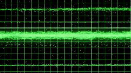 Digital green waveform signal fluctuating intensely on a dark technical grid screen display