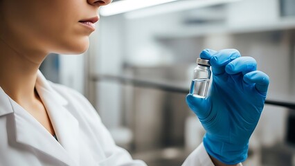 Scientist in white lab coat examines clear liquid in a small glass vial held by a hand wearing bright blue protective gloves within a sterile laboratory environment