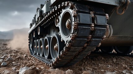Close-up view of a military tank track on rugged terrain, showcasing intricate details of the metal links and wheels, emphasizing strength and durability in challenging environments
