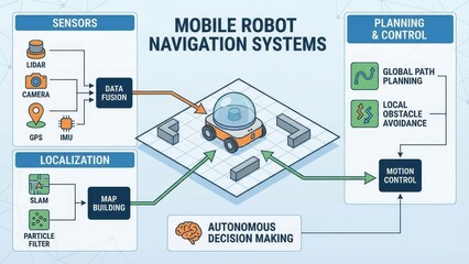 Mobile robot navigation systems infographic showing sensors, data fusion, localization, slam map building, global path planning, local obstacle avoidance and motion control for autonomy