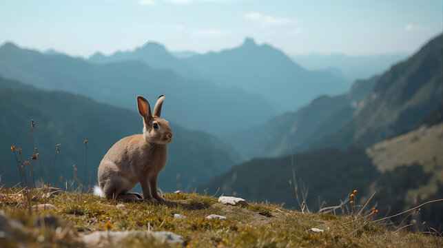 a rabbit sitting on a hill in the mountains ai