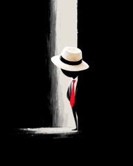Mysterious figure in suit and straw hat.