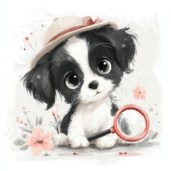 Cute puppy wearing a hat and holding a magnifying glass.