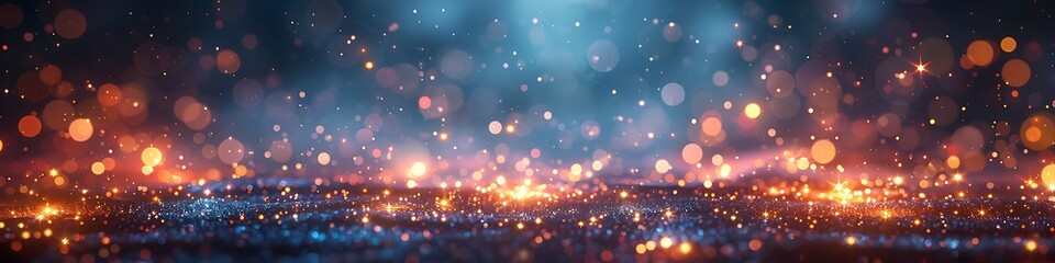 Panoramic Abstract Background with Blurry Bokeh Lights and Dark Blue Hues