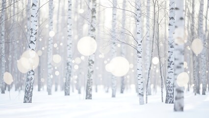 Softly falling snow in a serene birch forest with gentle bokeh lights