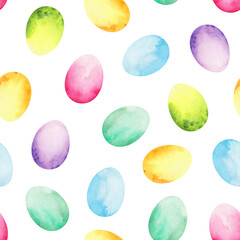 Playful seamless pattern with colorful watercolor Easter eggs scattered across a white background. A bright, cheerful, kid-friendly design perfect for wrapping paper, textiles, cards, and fun spring c