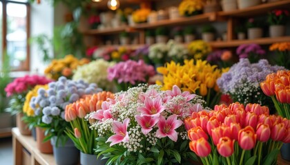 Various colorful flowers in flower store. Diverse floral bouquets stand on table. Blossom shop offers tulips, lilies, and other flowers. Flower stall offers various fresh plants on shelves.