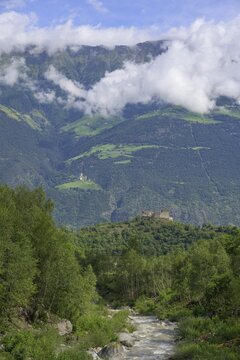 Plima stream with Obermontani Castle and Annaberg, Plima stream, Laces, South Tyrol, Italy