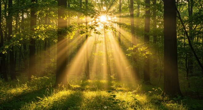 Intense sunbeams illuminate a dense, vibrant woodland area with lush undergrowth