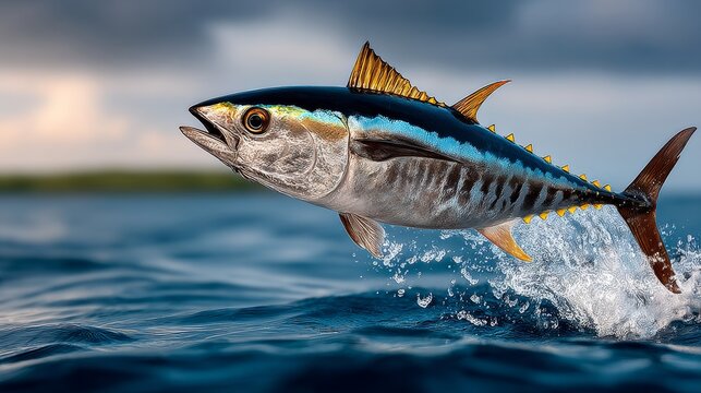Vibrant fish leaping from the ocean surface, showcasing its iridescent scales and dynamic movement, surrounded by splashes of water and a dramatic cloudy sky in the background - Powered by Adobe