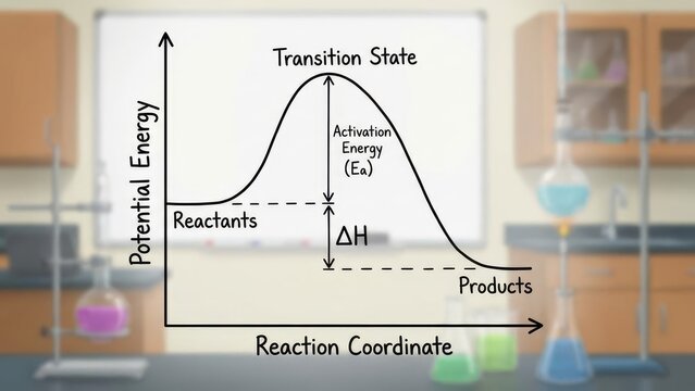 Potential energy diagram for a chemical reaction showing reactants, products, transition state, activation energy peak and enthalpy change on a reaction coordinate graph for teaching use