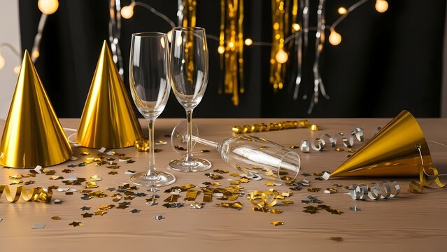 Messy After Party Table with Empty Champagne Glasses and Golden Party Hats"