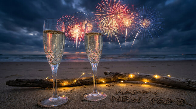 Champagne glasses on beach sand with fireworks reflection
