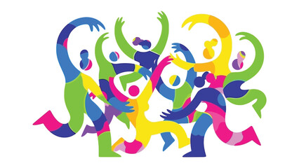 Joyful Dance: An illustration of a group of vibrant individuals embraces in a shared dance. Their dynamic forms and vivid colors create a scene of joy and human connection.