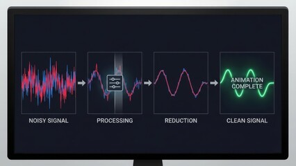Digital display illustrating the conceptual process of signal processing, transforming a noisy data waveform through reduction steps to achieve a clean and clear output signal