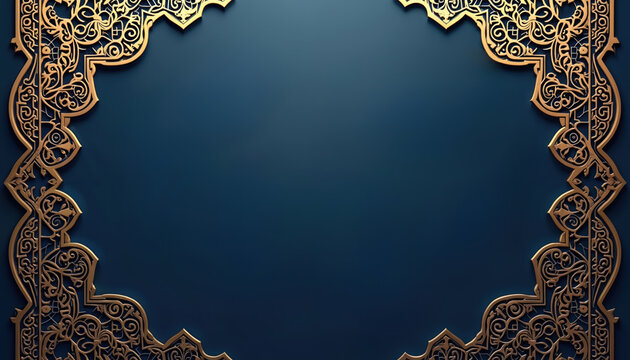 Dark blue background elegant golden pattern border. Intricate oriental arabesque frame creates luxury design. Decorative template ideal for Islamic holiday cards business invites. Feels rich, royal,