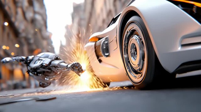 Concept of dynamic urban battle with transformer robots transforming mid-fight, one turning into a futuristic car while another becomes a fighter jet, sci-fi action scene with copy space for banner