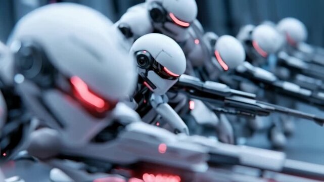 Concept of futuristic battle between transformer robots using advanced future weapons, dynamic science fiction scene, copy space