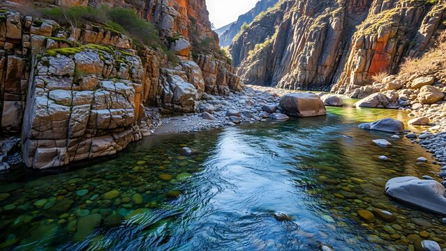Crystalline River Reveals a Mosaic of Stones in a Sun-Drenched Canyon Gorge. - Powered by Adobe