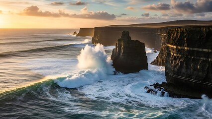 Dramatic Cliffs of Moher: Powerful Waves Crashing at Sunset Ireland.