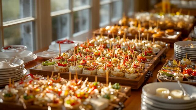 Elegant catering table filled with assorted gourmet appetizers arranged for a formal event showcasing refined presentation warm lighting and inviting atmosphere
