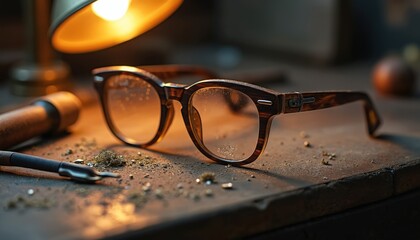 Stylish wooden eyeglasses sit on dusty workbench under warm lamp light. Metal pieces, wood shavings surround handcrafted frame. Fine tool lies near custom optical eyewear, showing detailed artisan