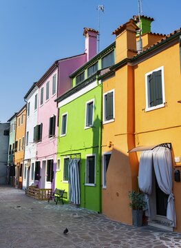 Colourful houses, colourful facades, alleyways on the island of Burano, Venice, Veneto, Italy
