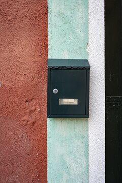 Letterbox on a red-blue-white house wall, colourful houses on the island of Burano, Venice, Veneto, Italy